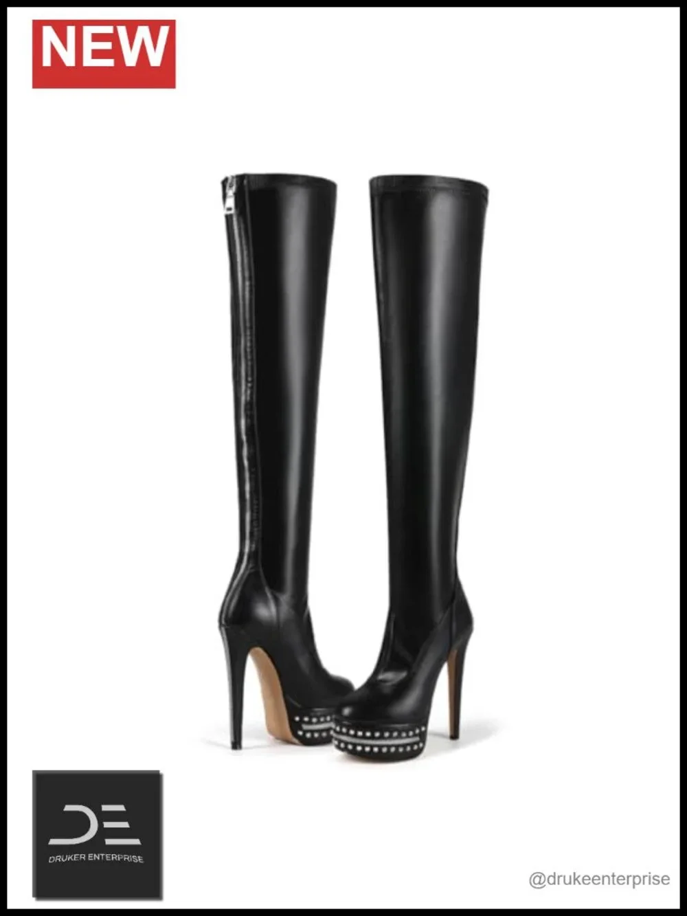 Over Knee Stiletto Platform Boots Faux Leather Studded Zipper Thigh High
